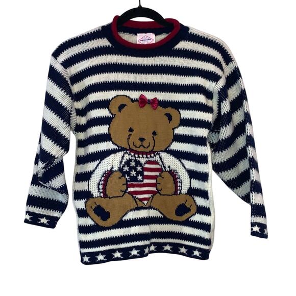 Papparoni Sweaters - Vintage 90s Teddy Bear Americana Sweater Made USA Novelty Knit Medium